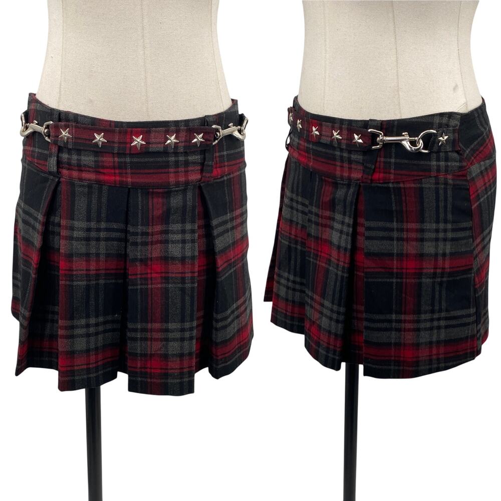 Vintage 90s Y2k Pleated Plaid Mini Skirt Chain Star Belt Punk Red Gray Womens
